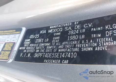 2025 Kia K4 Lxs z USA, uszkodzony, nr VIN 3KPFT4DE5SE147410